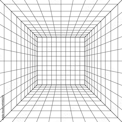 3D Fototapete Schwarze - Fototapete Wireframe perspective cube. 3d wireframe grid room. 3d perspective laser grid. Cyberspace white background with black mesh. Futuristic digital hallway space in virtual reality. Vector illustration.
