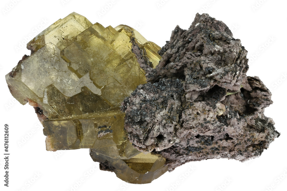 Obraz premium baryte crystal on matrix from Cerro Warihuyn, Peru isolated on white background