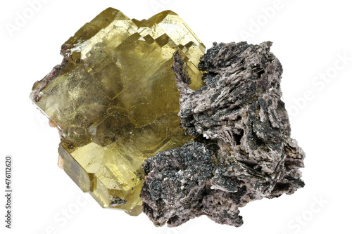 Fotografie baryte crystal on matrix from Cerro Warihuyn, Peru  isolated on white background