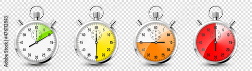 Realistic classic stopwatch icons. Shiny metal chronometer, time counter with dial. Red countdown timer showing minutes and seconds. Time measurement for sport, start and finish. Vector illustration photo