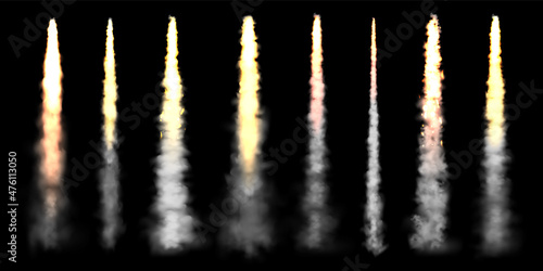 Realistic space rocket launch trails on black background. Fire burst, explosion. Missile or bullet trail. Jet aircraft tracks. Smoke clouds, fog. Steam flow. Vector illustration.