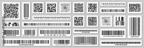 Set of product barcodes and QR codes. Identification tracking code. Serial number, product ID with digital information. Store or supermarket scan labels, price tag. Vector illustration.