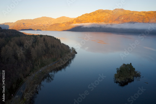 Loch Lomond aerial view at Autumn during sunrise near Tarbet