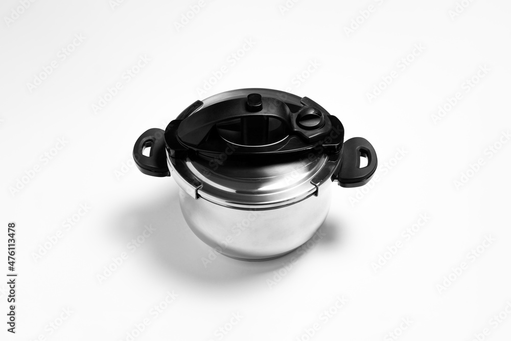 Steel saucepan with lid isolated on white background.High-resolution photo.Top view. Mock-up.