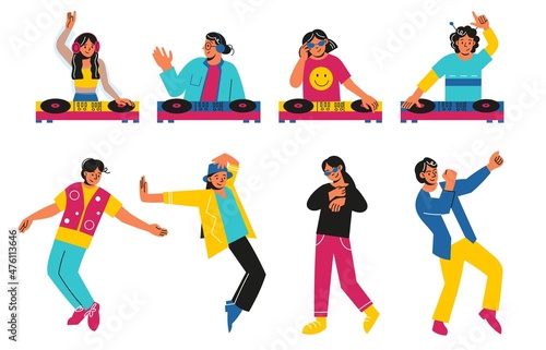 DJ party people. Electronic musicians and rave dancers. Men or women mixing tracks on turntables and dancing. Persons with disco equipment. Vector techno house party characters set
