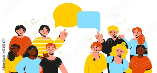 People group confrontation. Students dispute. Conflict different sides. Opinions separation. Arguing colleagues. Communication problems. Persons with speech bubbles. Vector concept