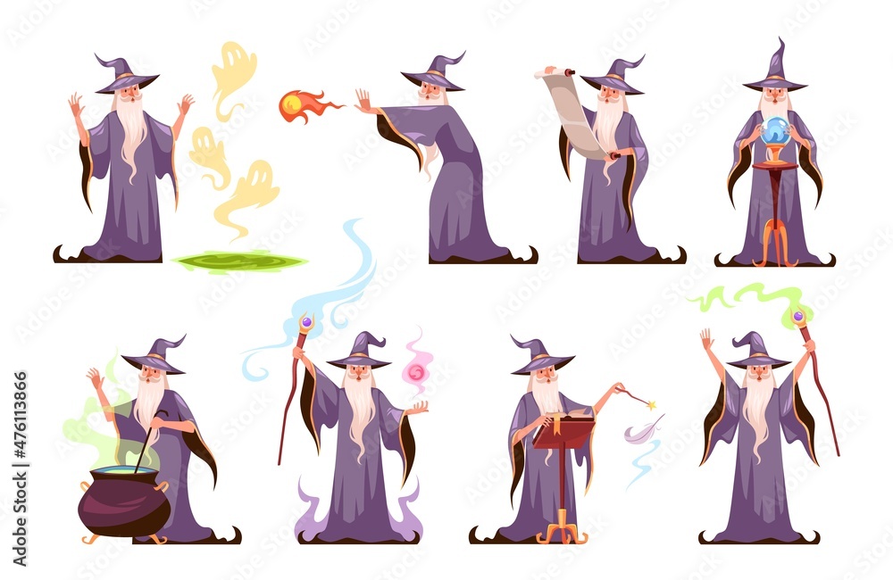 Magic character. Cartoon wizard performs various magical actions. Sorcerer in hat and robe. Fabulous old man with long white beard brews potion or casts spells. Vector magicians set