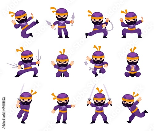 Cartoon ninja. Man in different action and combat poses karate. Japanese warrior character in mask. Assassin with weapon, nunchucks and shurikens. Vector fighter battle positions set