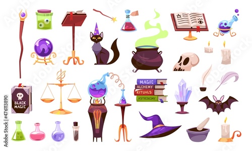 Magic tools. Wizards equipment and animals companions. Witchcraft spells book and elixirs. Wide brimmed hat or potion cauldron. Ball of predictions. Vector alchemy or sorcery elements set photo