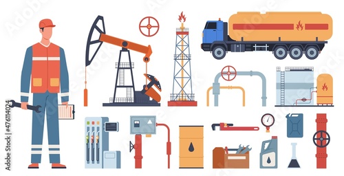 Oil and gas industry. Petroleum extraction equipment. Worker in uniform. Gasoline production technology. Fuel transportation. Tanks or pump. Petrol station. Vector industrial tools set