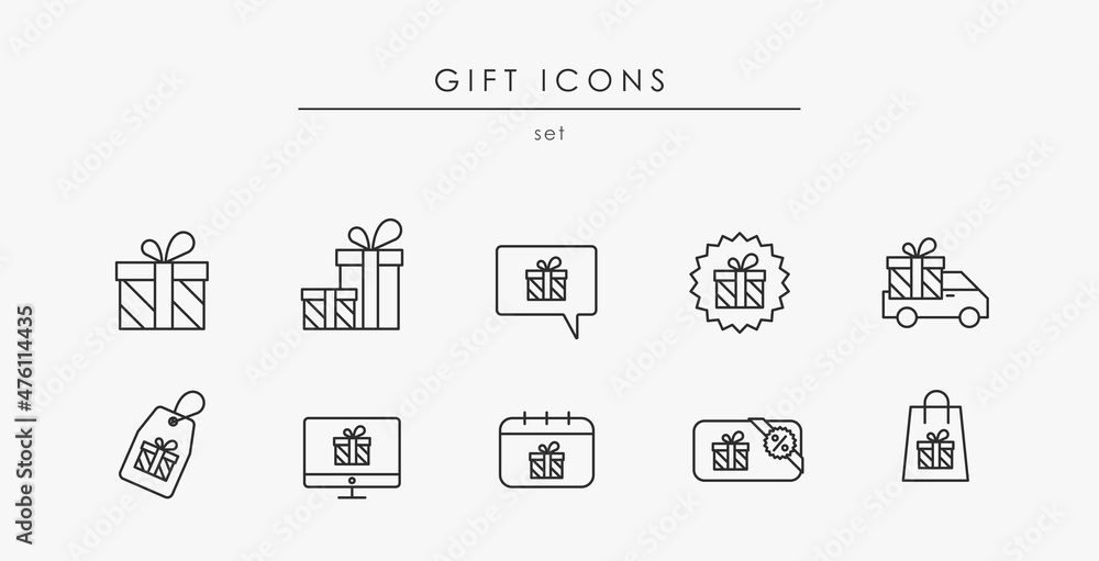 Set of Related Gift Icons. Various gift icons are isolated on white background for holidays and Christmas. Vector gift symbols in isolation for marketing and Birthday. Editable stroke linear gift icon