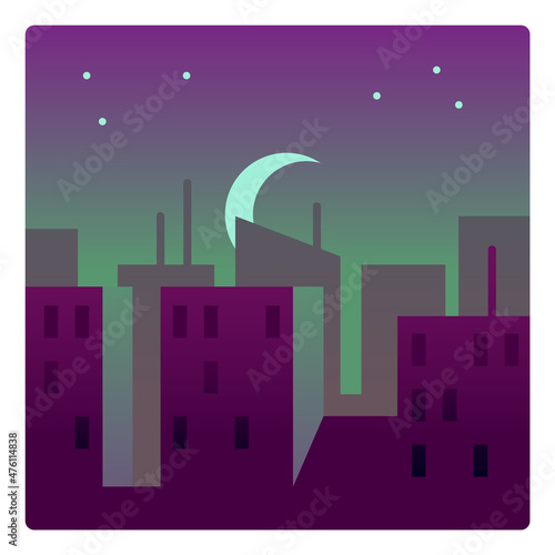 Polar night city landscape. Aurora sky with moon