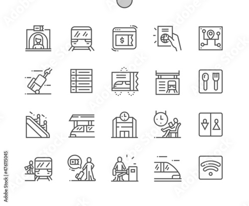 Train station. Online ticket and baggage. Passageway. Tourism, trip, transportation, railway. Pixel Perfect Vector Thin Line Icons. Simple Minimal Pictogram