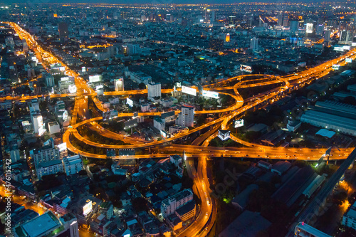 Obraz na plátně Aerial view of the illuminated flyover in Bangkok at night, Thailand