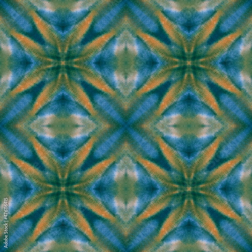 Hand painted seamless pattern. An ornament with an optical illusion in oriental style. Orange, blue, emerald green. Ikat for textile design and wallpaper. Kaleidoscope, textured mosaic.