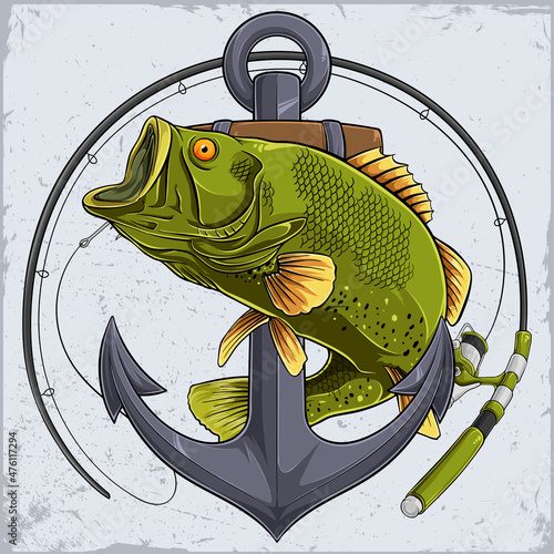 Vintage fishing poster with largemouth bass fish, old anchor and fishing rod