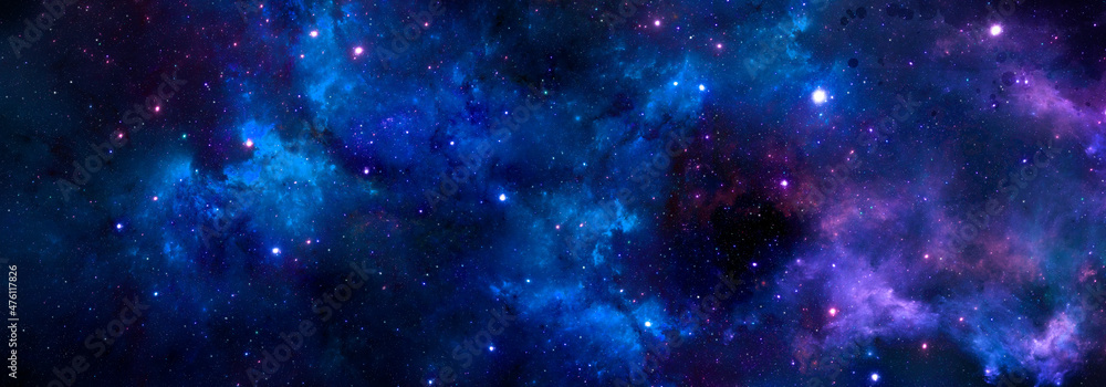 Cosmic background of a blue nebula with a cluster of bright stars
