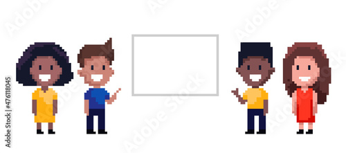 Pixel art happy character for game or other project. Vector illustration