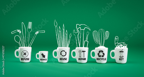 Zero Waste management, illustrated in 6 mugs with doodle illustrations of relevant contents. Refuse, reduce, recycle, repair, reuse, rot.  Sustainable living and zero waste concept. 2D 3D illustration