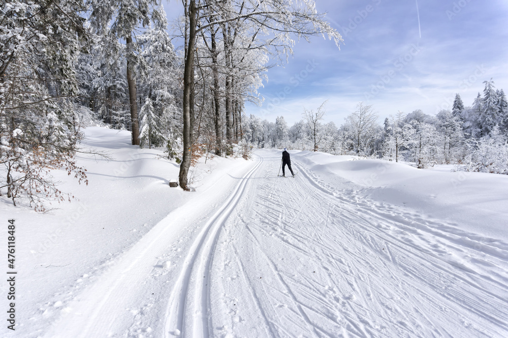 Fototapeta premium Cross-country skier running a groomed ski trail. Road in mountains at winter in sunny day. Trees covered with hoarfrost illuminated by the sun. Kremnica Mountains, Slovakia.