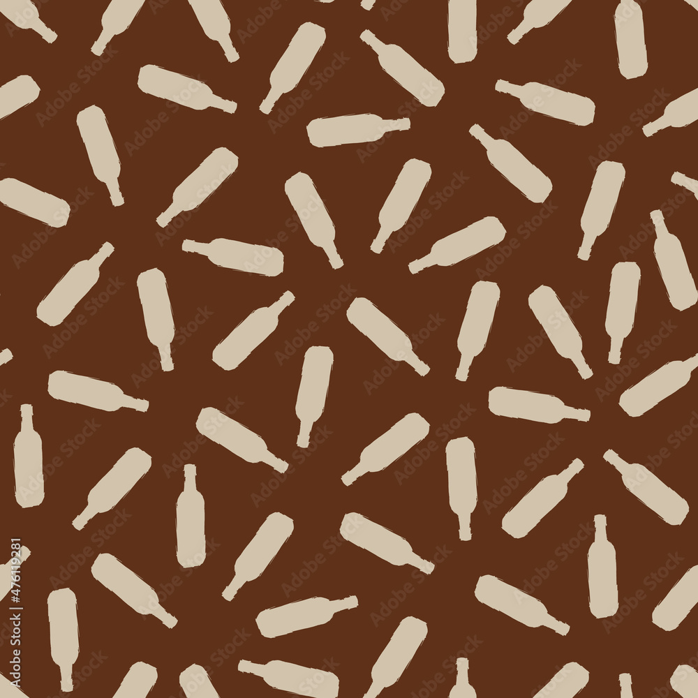 Vector brown baritalia monochrome scattered wine bottles sketch illustration seamless pattern. Perfect for fabric, restaurant menu and wallpaper projects.