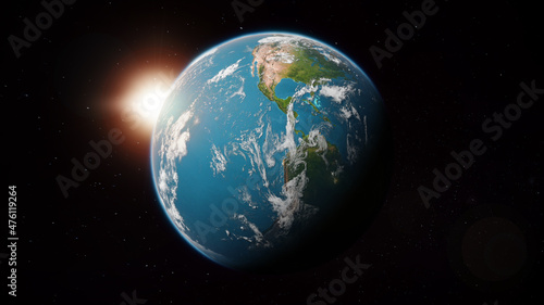 Planet Earth in space with sun. High Resolution view. Elements of this image furnished by NASA. 3D rendering.