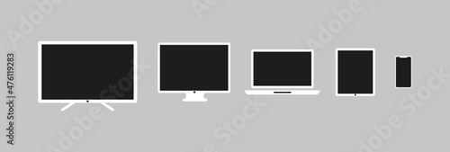 Set of mokap TV, monitor, computer, tablet and phone white on a gray background. Vector graphics