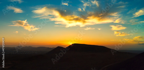Beautiful panoramic sunset over volcan Calderon Hondo volcano Fuerteventura