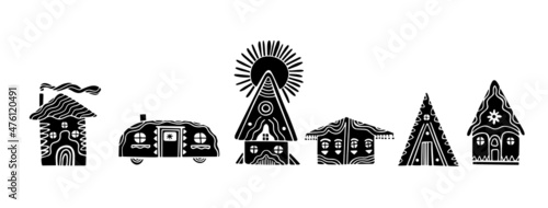Various small tiny houses,Paper cut style. Flat design. Hand drawn trendy illustration. vector set. All elements are isolated. black silhouette.