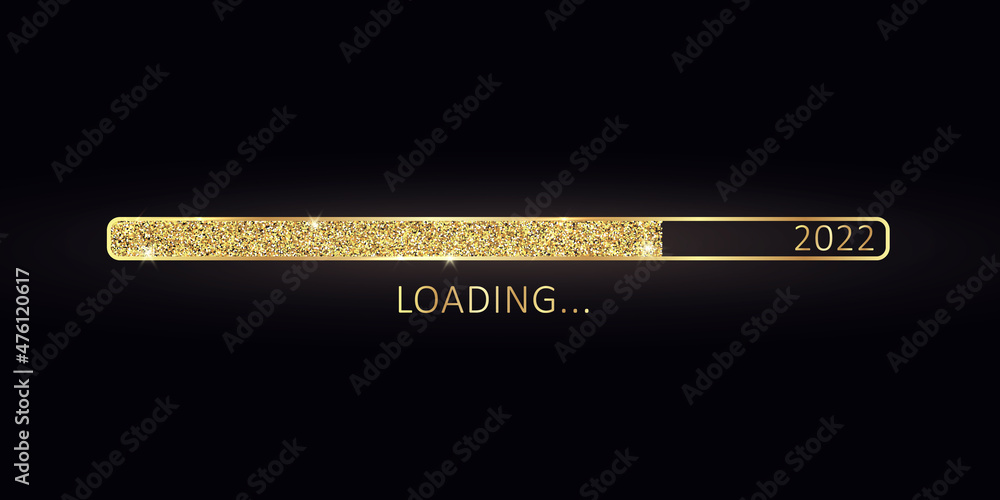2022 New Year gold progress bar. Golden loading bar with glitter particles on black background for Christmas greeting card. Design template for holiday party invitation. Concept of festive banner 2022 New Year gold progress bar. Golden loading bar with glitter particles on black background for Christmas greeting card. Design template for holiday party invitation. Concept of festive banner