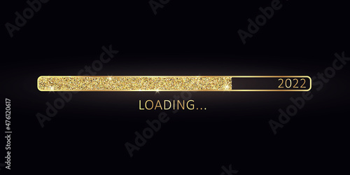 2022 New Year gold progress bar. Golden loading bar with glitter particles on black background for Christmas greeting card. Design template for holiday party invitation. Concept of festive banner