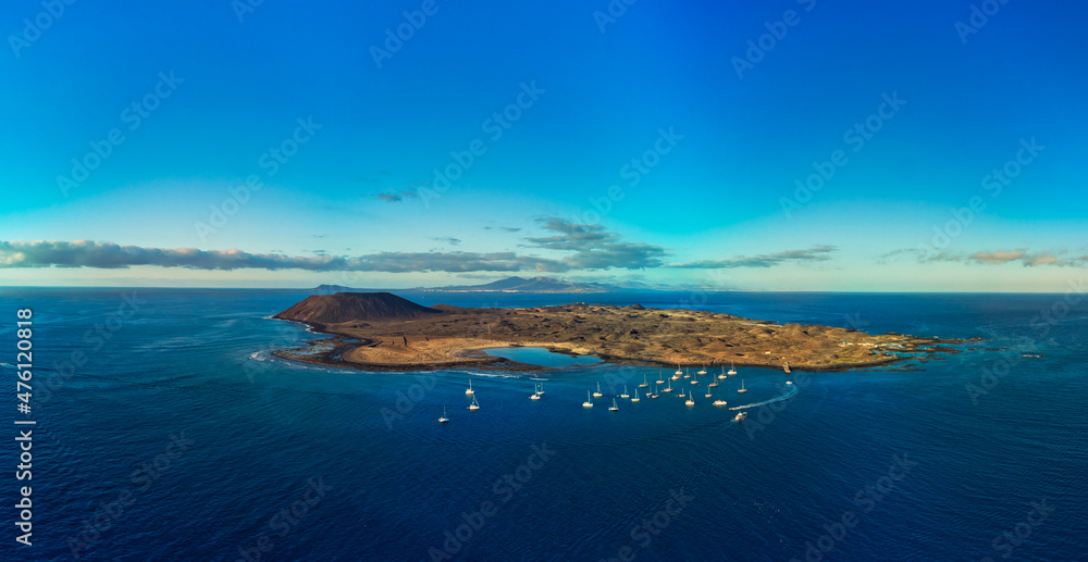 Beautiful high aspect aerial panoramic image of Lobos Island Corralejo Fuerteventura