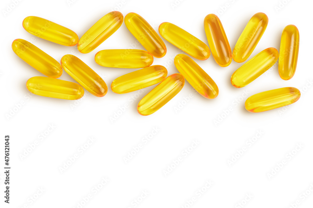 Fish oil capsules isolated on white background with clipping path and full depth of field. Top view with copy space for your text. Flat lay Fish oil capsules isolated on white background with clipping path and full depth of field. Top view with copy space for your text. Flat lay