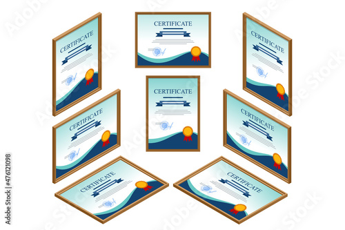 Certificate isometric view straight, left, right, top. Certificate template of achievement border template with badge for award, business, and education needs