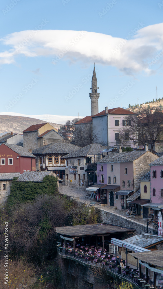 View of the city of Mostar with the river and mosque