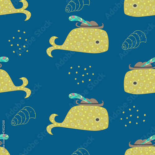 Vector seamless oceanic pattern. Stylish cartoon whale in a hat with a feather and shells on a dark background Childish cute marine pattern for printing on wallpaper and fabric