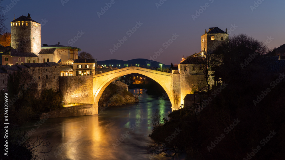night view of the Stari Most in Mostar, Bosnia and Herzegovina