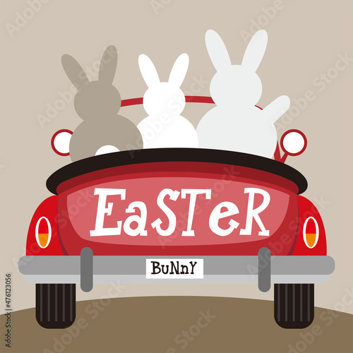 Easter bunny on the car for easter card