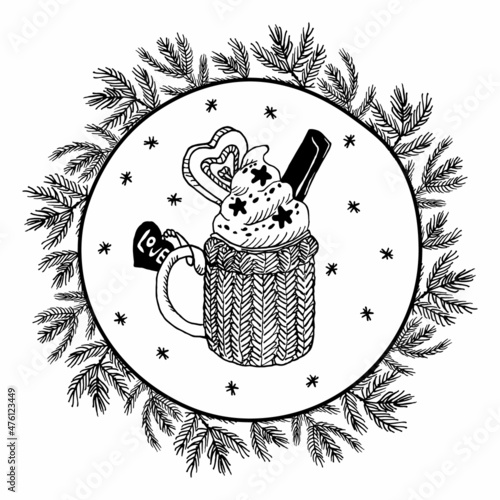 Vector linear black, white doodle illustration in concept of winter season. It depicts cup of coffee with whipped cream, sprinkles. Round frame Christmas tree branches, background falling snowflakes.
