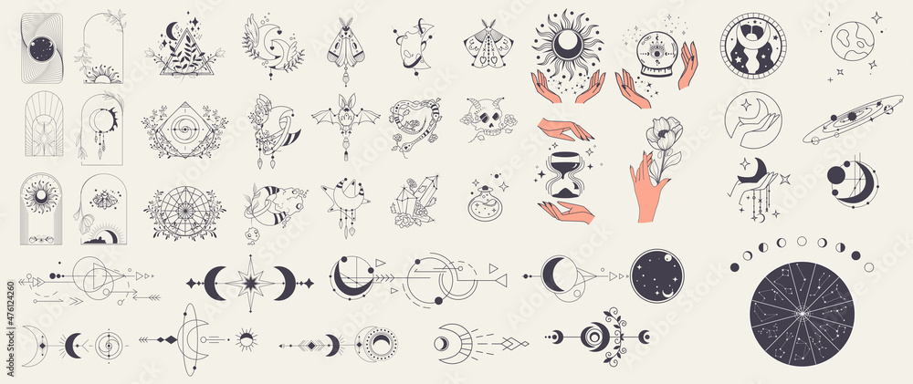 Mystic vector items. Doodle astrology style. Doodle esoteric, boho mystical hand drawn elements. A set of vector images of esoteric symbols, alchemy and witchcraft isolated on a white background. - obrazy, fototapety, plakaty 