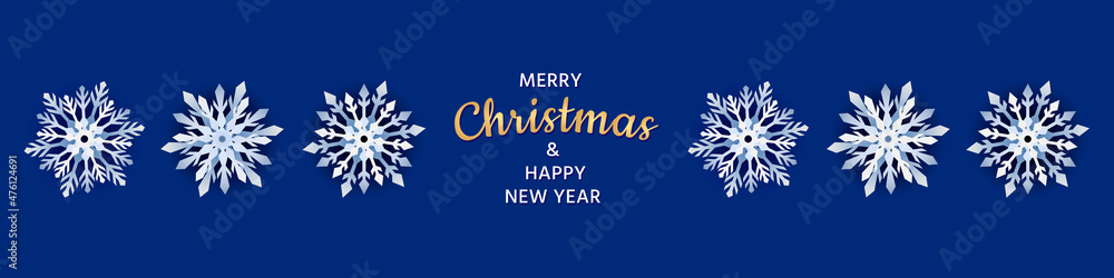 Merry Christmas and Happy New Year banner. Modern background with design of geometric shapes of snowflakes. Template vector illustration Merry Christmas and Happy New Year banner. Modern background with design of geometric shapes of snowflakes. Template vector illustration