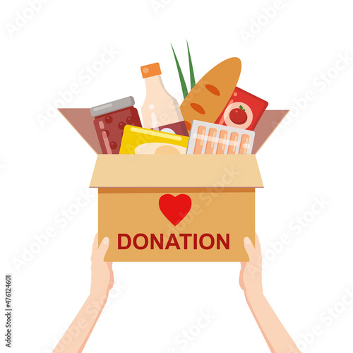 Hands hold a donation box with food charity. Canned, bread, drinks. With text banner donate. Cartoon vector illustration