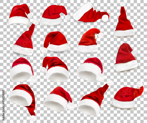 Mega collection of red santa hats on transparent background. Vector.