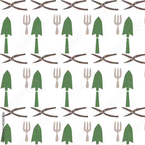 Vector seamless pattern of tools for working in the garden and vegetable garden. Scoop, secateurs, pitchfork. Illustration, flat, grunge, vintage. Wrapping paper, fabric, wallpaper, background.