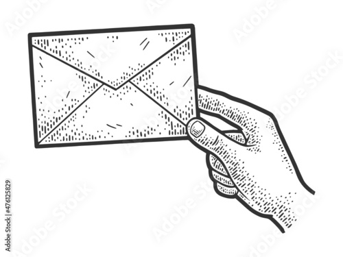 letter in an envelope in hand sketch engraving vector illustration. T-shirt apparel print design. Scratch board imitation. Black and white hand drawn image.