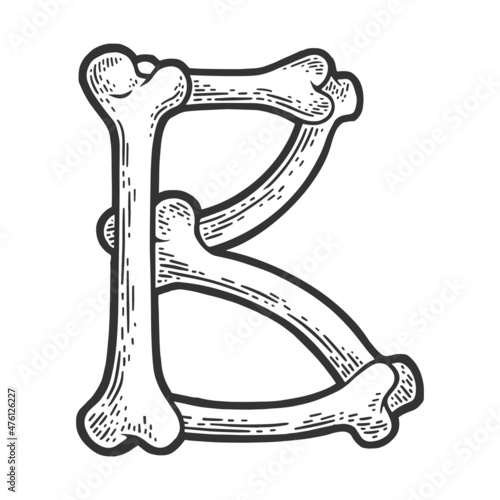 letter B made of bones sketch engraving vector illustration. Bones font. T-shirt apparel print design. Scratch board imitation. Black and white hand drawn image.