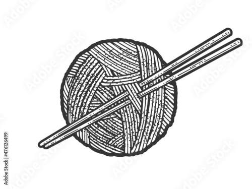 yarn ball and needles for knitting sketch engraving vector illustration. T-shirt apparel print design. Scratch board imitation. Black and white hand drawn image.