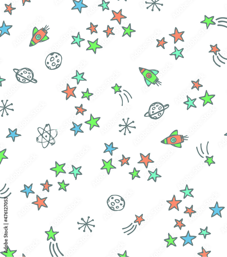 Space themed fabric seamless pattern for baby boys. Can be used for nursery wall decor, baby textile, baby bedding set, baby shower invitation card, packaging, wallpaper, baby clothes design.