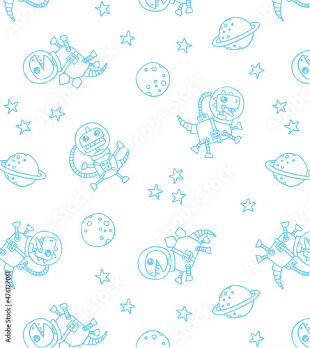Space themed fabric seamless pattern for baby boys. Can be used for nursery wall decor, baby textile, baby bedding set, baby shower invitation card, packaging, wallpaper, baby clothes design.