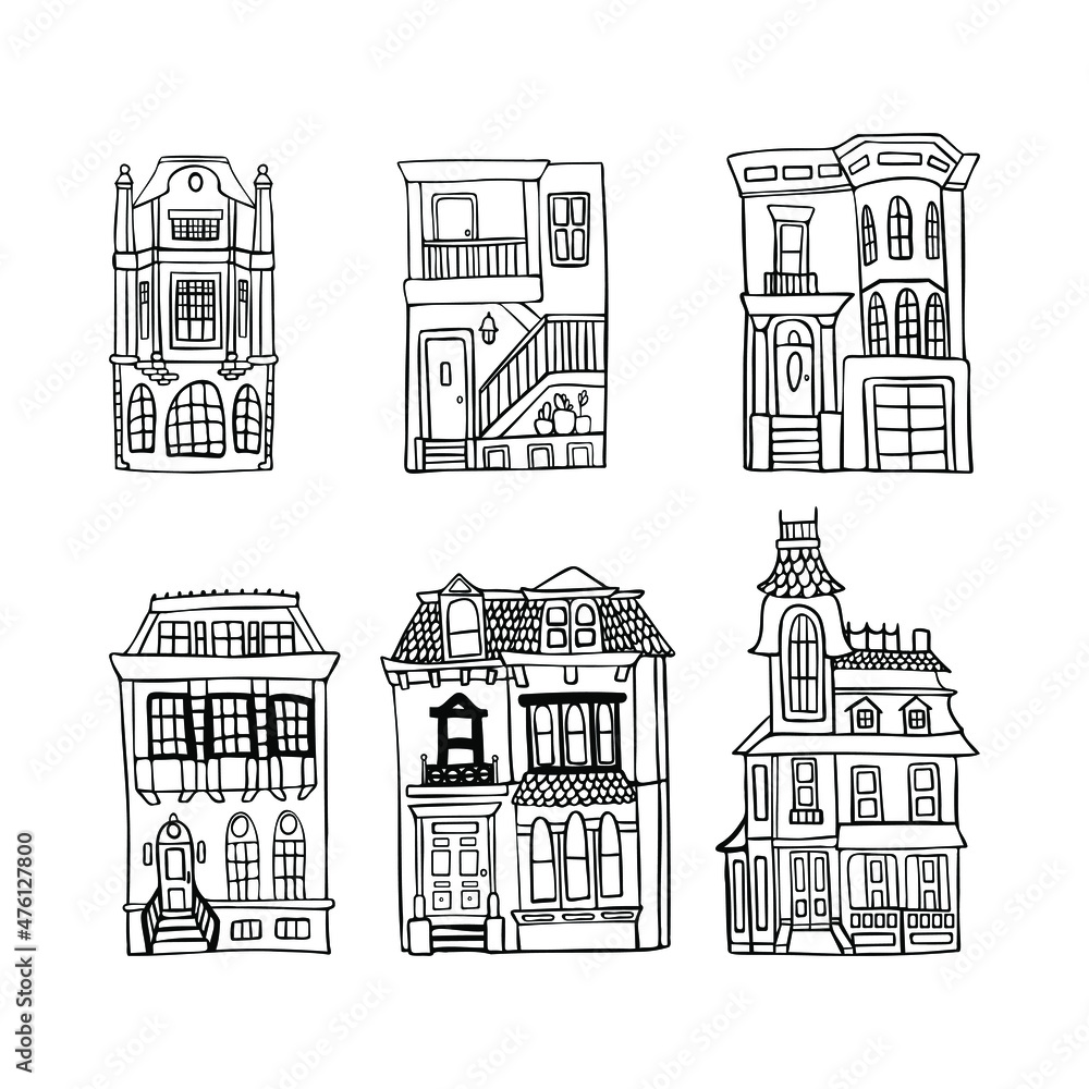 Doodle houses set. Vector illustration in cartoon style